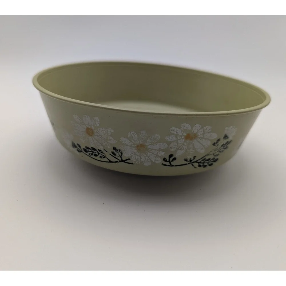 ChiffonWare 1973 Vintage Plastic Bowl Olive Green White Daisy Floral Retro MCM‎
